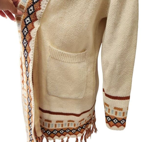 Boutique open front cardigan sweater Aztec print fringe pockets cream large - Picture 2 of 7